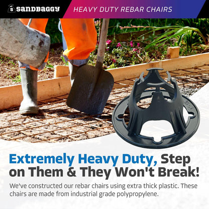 Sandbaggy Plastic Rebar Support Chairs - Elevates 1" or 1-1/4" - Concrete Chair for #3 to #5 and Steel Wire Mesh (100, 1" - 1.25" Rebar Chair)