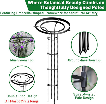 6.89FT Mushroom Top Obelisk Trellis for Outdoor Climbing Plants, Rustproof PE-Coated Metal Poles Support, Decorative Garden Trellis for Climbing Rose, Wisteria, Black