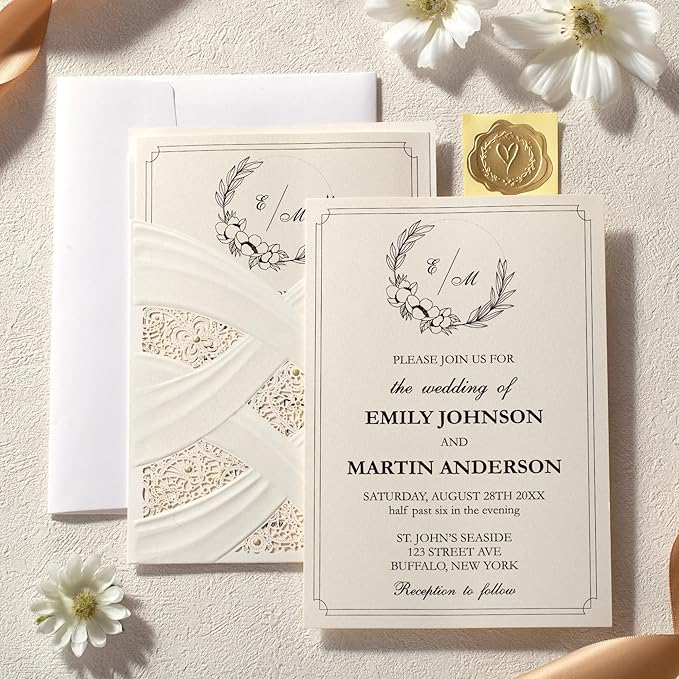 50pcs Laser Cut Wedding Invitations with Envelopes Ivory White, 5x7.3 Personalized Invitation Cards for Wedding