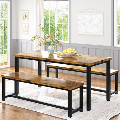 Recaceik Dining Table Set with Bench, 3 Pieces Dining Furniture Set Kitchen Table Set Sturdy Structure Space-Saving Dinette for Kitchen, Dining Room Breakfast Nook, Living Room, Rustic Brown