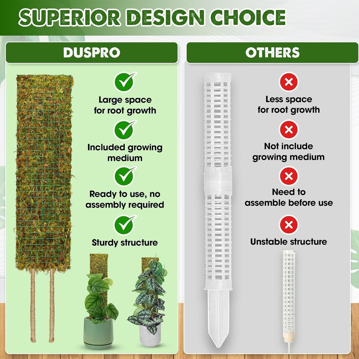 DUSPRO Flat Mesh Moss Poles for Climbing Plants Monstera Stackable Moss Pole for Plants with Real Moss Moss Plant Pole for Potted Plants Handmade Moss Stick for Indoor Plants Grow Upward 2 Pack 22”