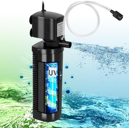 TARARIUM Aquarium Filter U-V for 20-75 Gallon, 200GPH Fish Tank Filter w/ 5W U-V Light Green Clean Machine Submersible Powerful Pump Internal Filter for Turtle Tank Saltwater Freshwater Crystal Clear