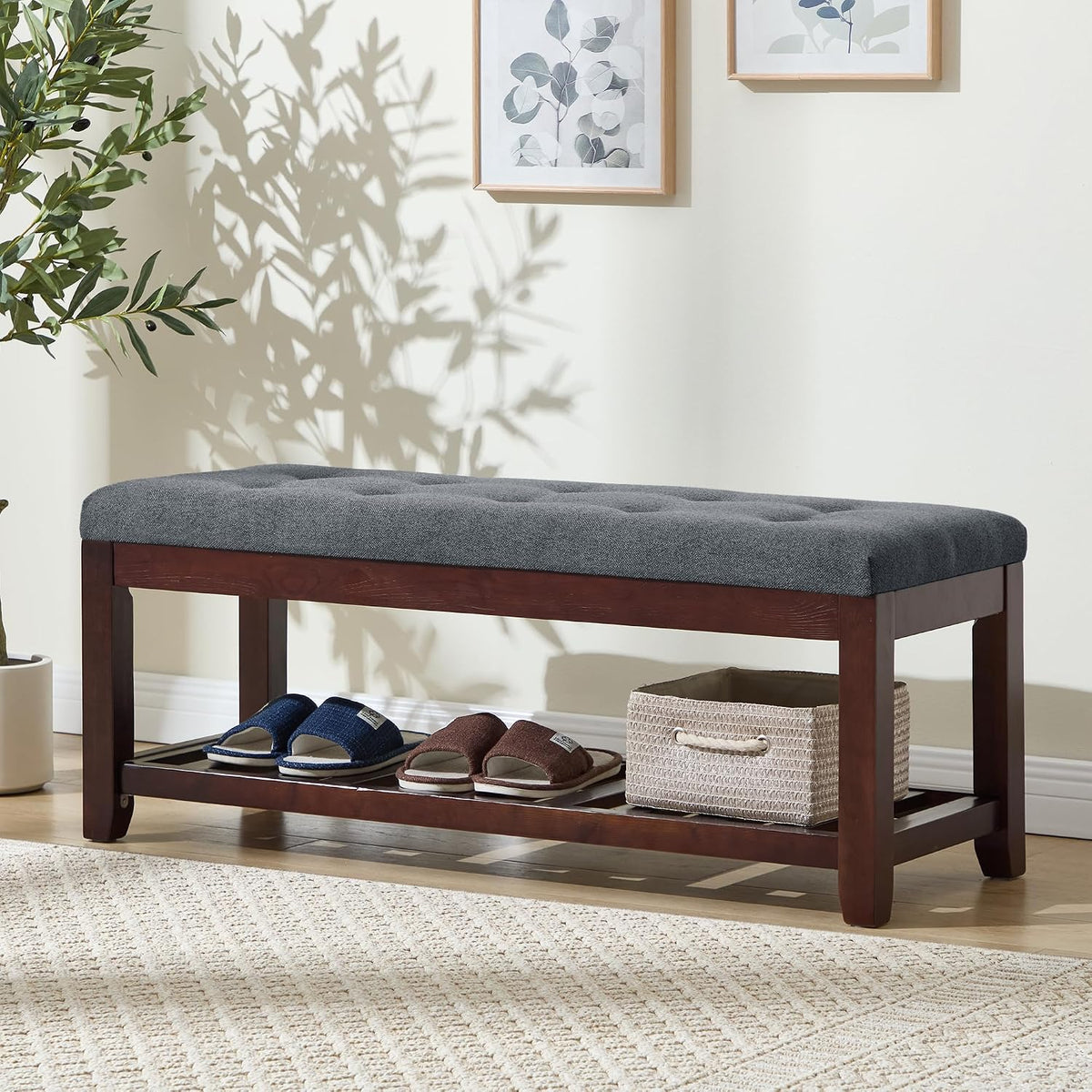 Shoe Bench Entryway, 44" End of Bed Bench,Upholstered Linen Bench for Living Room,Fabric Ottoman Bench with Solid Wood Shelf for Bedroom, Entrance Darkgrey