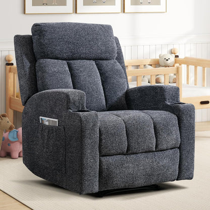 CANMOV Manual Recliner Chair with Massage and Heat, Soft Fabric Recliner Chair with Overstuffed Arm and Back, Manual Reclining Single Sofa with 2 Cup Holders, Side Pocket for Living Room, Dark Grey