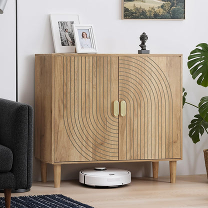 Smuxee Oak Sideboard Cabinet, Freestanding Buffet Cabinet with Line Groove Design, Wood Storage Cabinet with Adjustable Shelf for Living Room, Entryway, Hallway