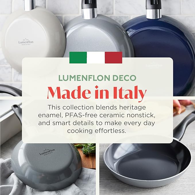 Deco 9.5” Nonstick Frying Pan Skillet, Made in Italy, Diamond Ceramic PFAS-Free, Dishwasher & Metal Utensil Safe, Durable Gloss Enamel Finish, Stay-Cool Handle, High Walls-Extra Room, Gray