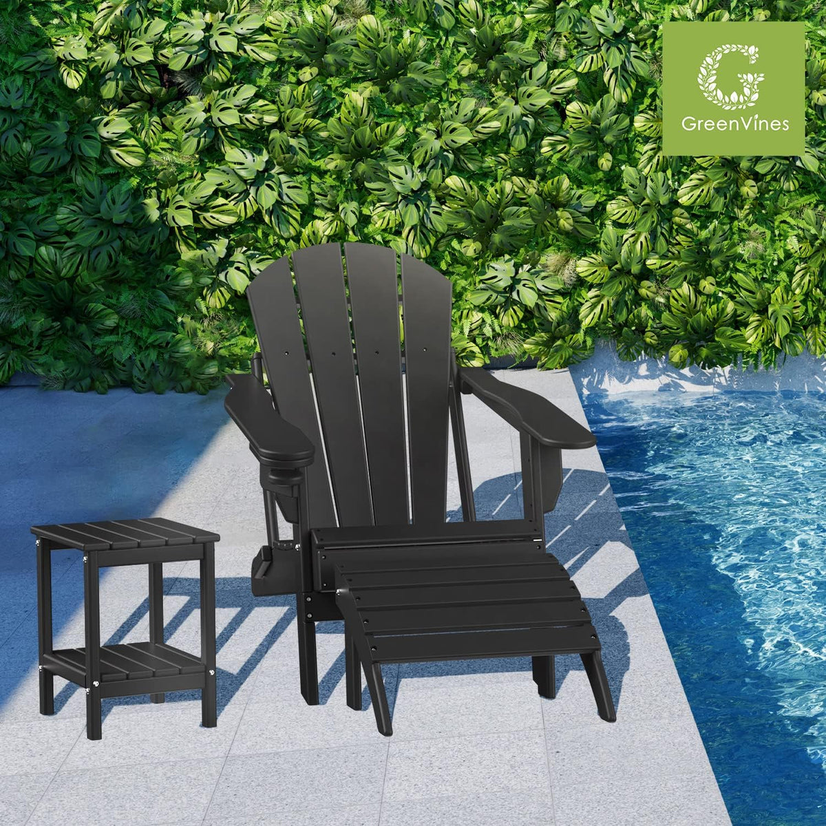 GREENVINES Adirondack-Ottoman | Set of 2 | HDPE Plastic | Outdoor Footrest | All Weather | Foot Rest | Foot Stool | Black | for Adirondack Chair | for Patio Backyard Pool