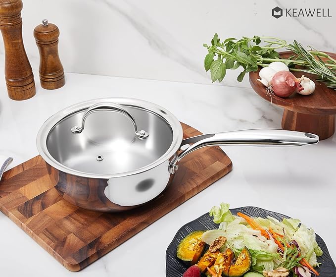 KEAWELL K3 Premium 2-Quart Tri-Ply Stainless Steel Saucepan with Lid, Induction & Oven Safe up to 600°F, Even Heating, Professional Cookware for All Stovetops (2-Qt)