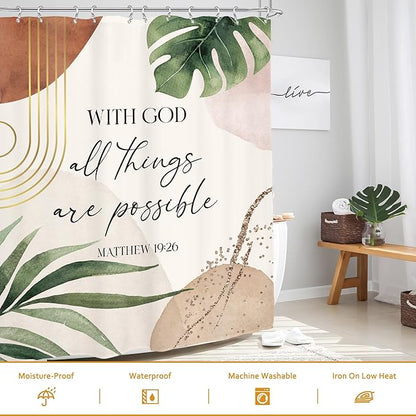Glawry Boho Bible Verse Shower Curtain Inspirational Scriptures Quotes Abstract Tropical Palm Leaf Mid Century Bathroom Christian 72Wx72L Inches Bath Accessories Art Home Decor Fabric 12 Pack Hooks