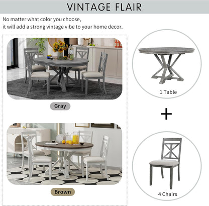 Merax Extendable Round Dining Table Set for 4, Farmhouse Kitchen Table Set with 4 Upholstered Chairs for Kitchen, Dining Room, Living Room, Grey