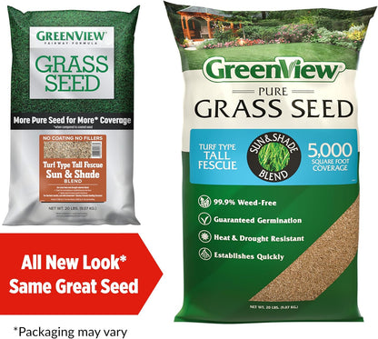 GreenView Pure Grass Seed Turf Type Tall Fescue Sun & Shade Blend, 20 lb. Bag – Covers up to 5,000 sq. ft.