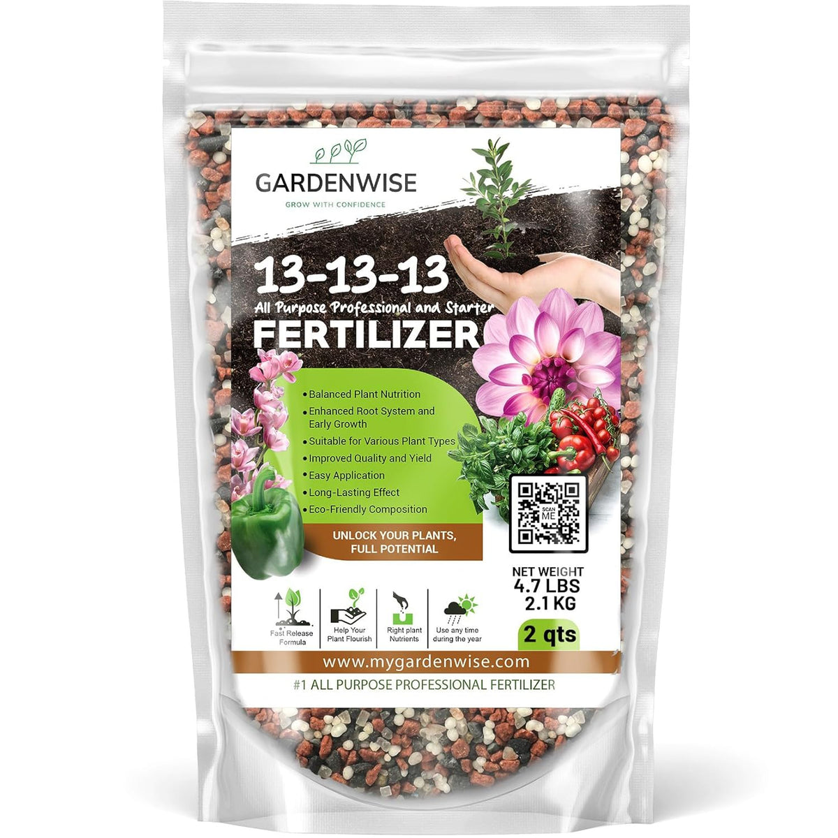 13-13-13 Slow Release Granular Fertilizer – All Purpose Plant Food 13 13 13 for Outdoor Grass, Vegetables, Roses, Flowers, Shrubs, Trees. Lawns, Gardens, Potted Plants (2 quarts)
