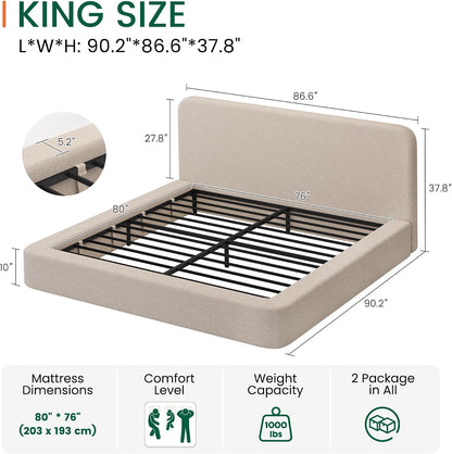 LARMACE King Upholstered Platform Bed Frame with Padded Headboard