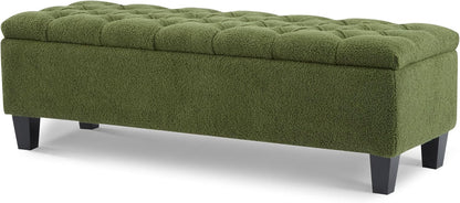 Christopher Knight Home Ottilie Boucle Fabric Storage Ottoman Bench, Wooden Rectangular Ottoman with Storage, Bedroom End of Bed Foot Stool, Entryway Ottoman Footrest, Living Room Extra Seat, Green