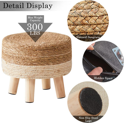 Cpintltr Foot Stool Natural Seagrass Hand Weave Poufs Round Ottoman for Couch Desk Soft Step Stool Padded Foot Rest with Non-Skid Pine Legs for Hallway Office Lounge Natural/White