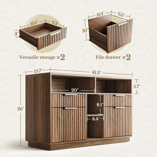 4 Drawer Fluted File Cabinet with Lock for Home Office | Wood Lateral Filing Cabinet for Letter/A4 Files, Charging Station, Open Shelves, Office Storage Cabinet, Black Walnut