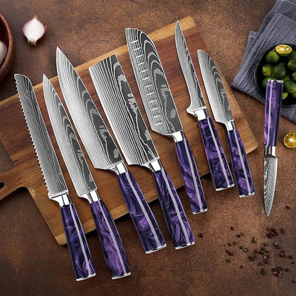 SENKEN 8-Piece Japanese Knife Set with Blue Resin Handle and Laser Damascus Pattern - Cerulean Collection - Chef's Knife, Cleaver, Santoku Knife, Bread Knife, Paring Knife, & More (Amethyst Purple)