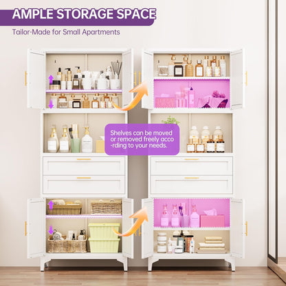 75" Tall Food Kitchen Pantry Cabinet,Tall Bathroom Storage Cabinet with 4 Doors and Shelves & 2 Drawers, Freestanding Cupboard for Living Room/Bathroom (White)
