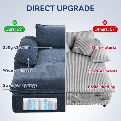 WUTUTUEE 69" Oversized Chaise Lounge Chair Indoor, No Assembly Blue Lounge Couch, Chenille Upholstered Sofa Bed with Pockets, Oversized Reading Chair with Ottoman for Living Room, Bedroom, Office