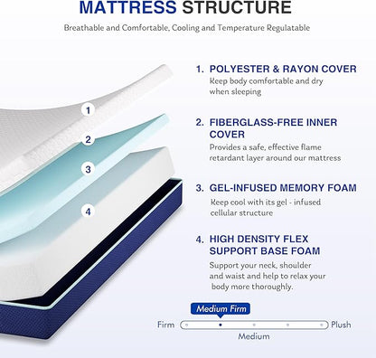 8 Inch Queen Gel Cooling Memory Foam Mattress, Pressure Relief, Medium Firm Support，Mattress in a Box, CertiPUR-US Certified