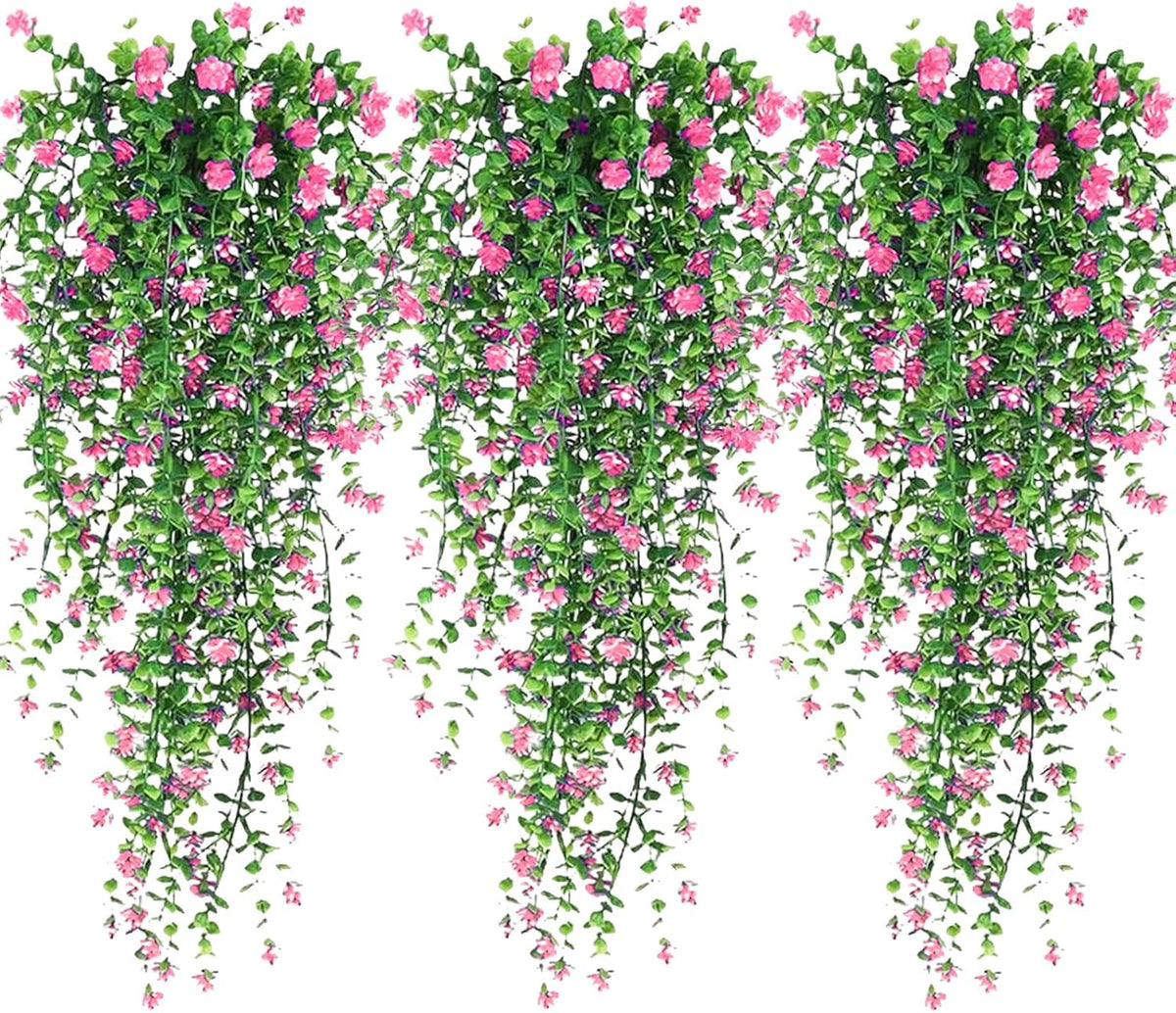 Artificial Hanging Flowers, 3 Pcs Fake Hanging Plants Artificial Vines for Outdoors, Fake Ivy Vine UV Resistant No Fade Faux Plants for Indoor Outside Garden Patio Yard Greenery Decoration (Pink)