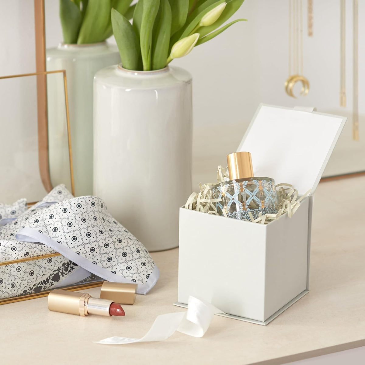 Hallmark Small Gift Box with Bow and Shredded Paper Fill (Grey White 4 inch Gift Box) for Weddings, Bridal Showers, Graduations, Birthdays, Bridesmaids Gifts, All Occasion
