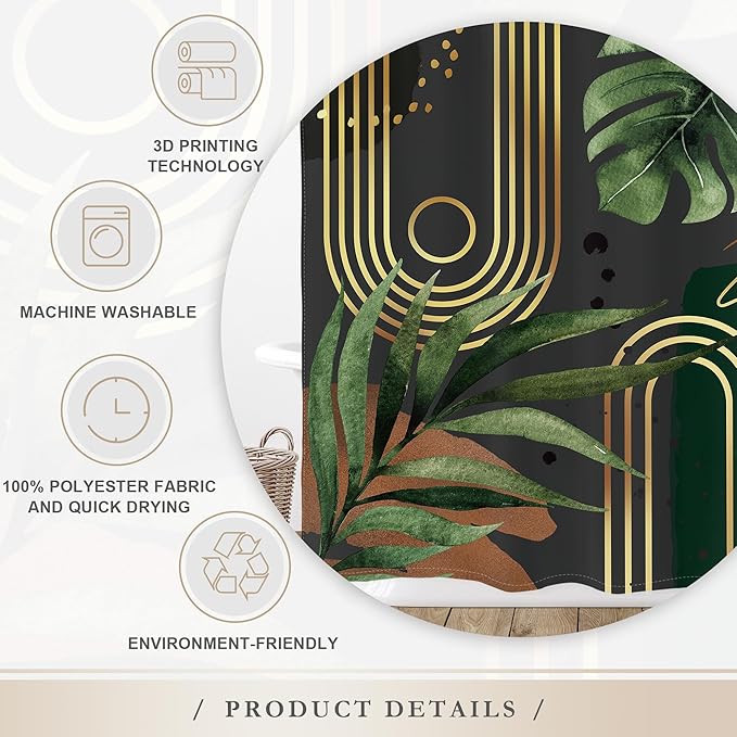 Glawry Dark Green Gold Boho Mid Century Shower Curtain Extra Long Abstract Minimalist Geometric Tropical Modern Leaf Bathroom Simple 72Wx78L Inches Bath Accessories Art Home Decor Fabric 12 Pack Hook