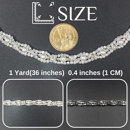 PEARLY JUN 1 Yard Pearl Rhinestone Trim Chain Silver Crystal Fringe Diamond Applique Ribbon String Tassel Strip for Sewing Wedding Dress Crafting Crafts Flower Embellishments