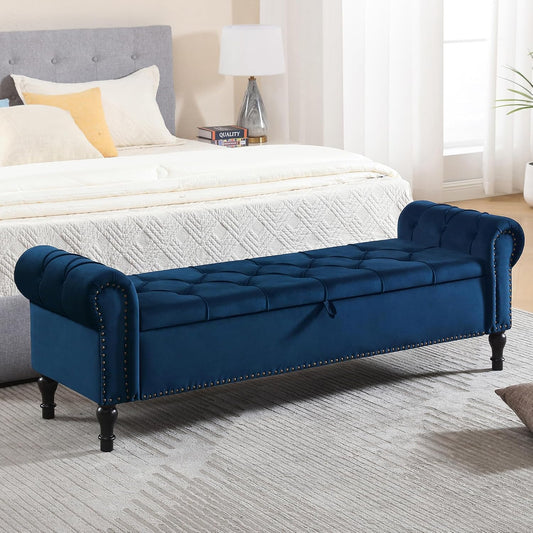 Velvet Storage Bench 67 Inch Upholstered Tufted Ottoman Bench with Arms Large Storage Space King Size End of Bed Bench for Bedroom Living Room Entryway Navy Blue