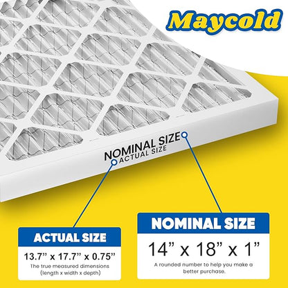 Maycold MERV 8 14x18x1 Furnace Air Filters (6-Pack), Pleated HVAC AC Filters – Actual Size: 13.70” x 17.70” x 0.75”, For Residential or Office Use, Individually Wrapped in Plastic