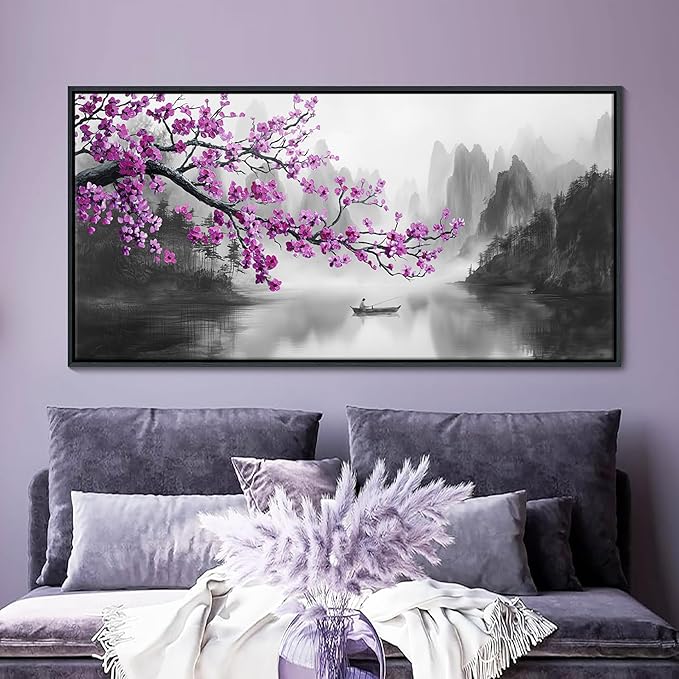Large Purple Wall Art Decor for Living Room Bedroom Framed Black and White Landscape Full Moon Purple Flower Painting Canvas Picture Plum Blossom Artwork for Home Office 29x58IN
