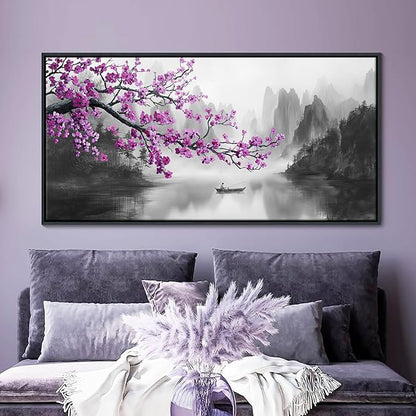 Large Purple Wall Art Decor for Living Room Bedroom Framed Black and White Landscape Full Moon Purple Flower Painting Canvas Picture Plum Blossom Artwork for Home Office 29x58IN