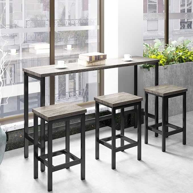 Harper & Bright Designs 4-Piece Dining Table Set, 60.2" L Solid Wood Dining Table with 3 Stools and Metal Frame for Kitchen Dining Room, Antique Grey + Black