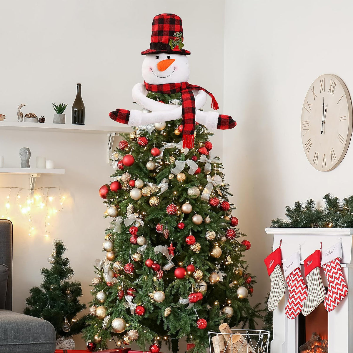 Christmas Snowman Tree Topper Unique Christmas Decoration Large Plush Funny Christmas Tree Topper with Buffalo Plaid Hat Scarf Treetop Hugger Ornament for Home Holiday Winter Party Xmas Decor