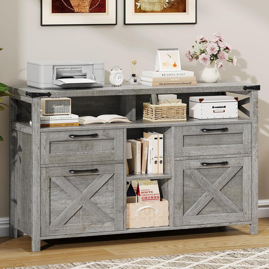 Halitaa File Cabinet with Open Storage Shelf for Home Office, Gray | Farmhouse, Lateral Filing Organization Storage Cabinets, 4 Drawers, Adjustable Shelf, Hanging Files Letter/A4