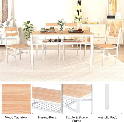 Hooseng Dining Table Set for 4, Wood Kitchen Table Chairs Set with Storage, Farmhouse 5 Piece Dining Room Table Set, Space-Saving Dinette Set for Breakfast Nook, Apartment