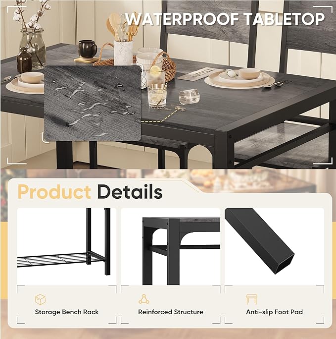 Shahoo Kitchen Table and 2 Chairs for 4 with Bench, 4 Piece Dining Sets for Small Space, Grey Wash