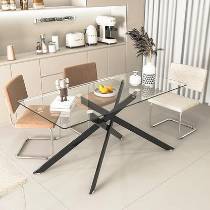 60" Rectangular Glass Dining Table Modern Kitchen Glass Top Table for 6 with Black Metal Legs, Clear Dining Table Kitchen Table for Home Office Dining Room