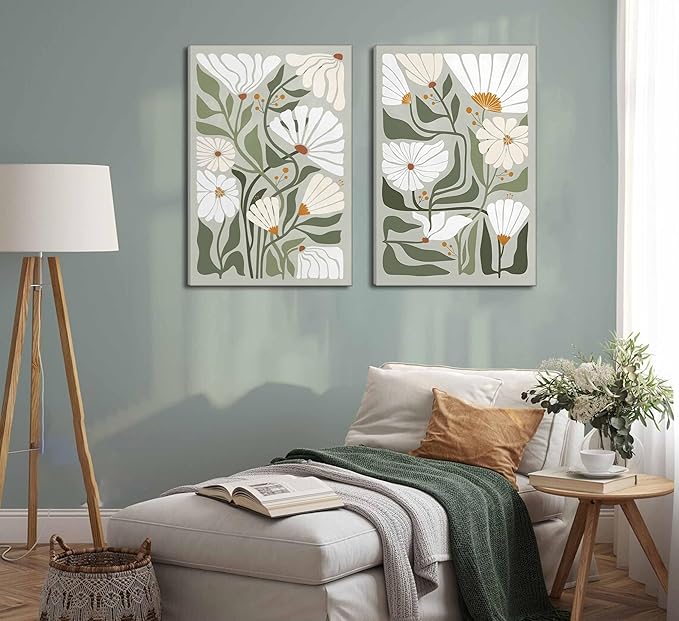 2 Pcs Boho Wildflowers Canvas Wall Art Green Bohemia Abstract Floral Botanical Painting Picture Wall Decor Poster Print Artwork for Living Room Bedroom Bathroom Home Decoration