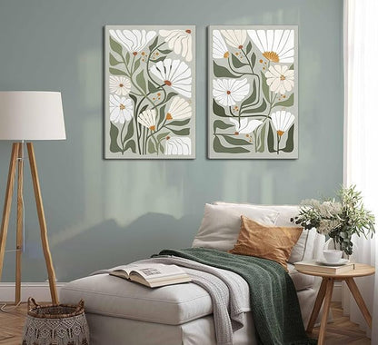 2 Pcs Boho Wildflowers Canvas Wall Art Green Bohemia Abstract Floral Botanical Painting Picture Wall Decor Poster Print Artwork for Living Room Bedroom Bathroom Home Decoration