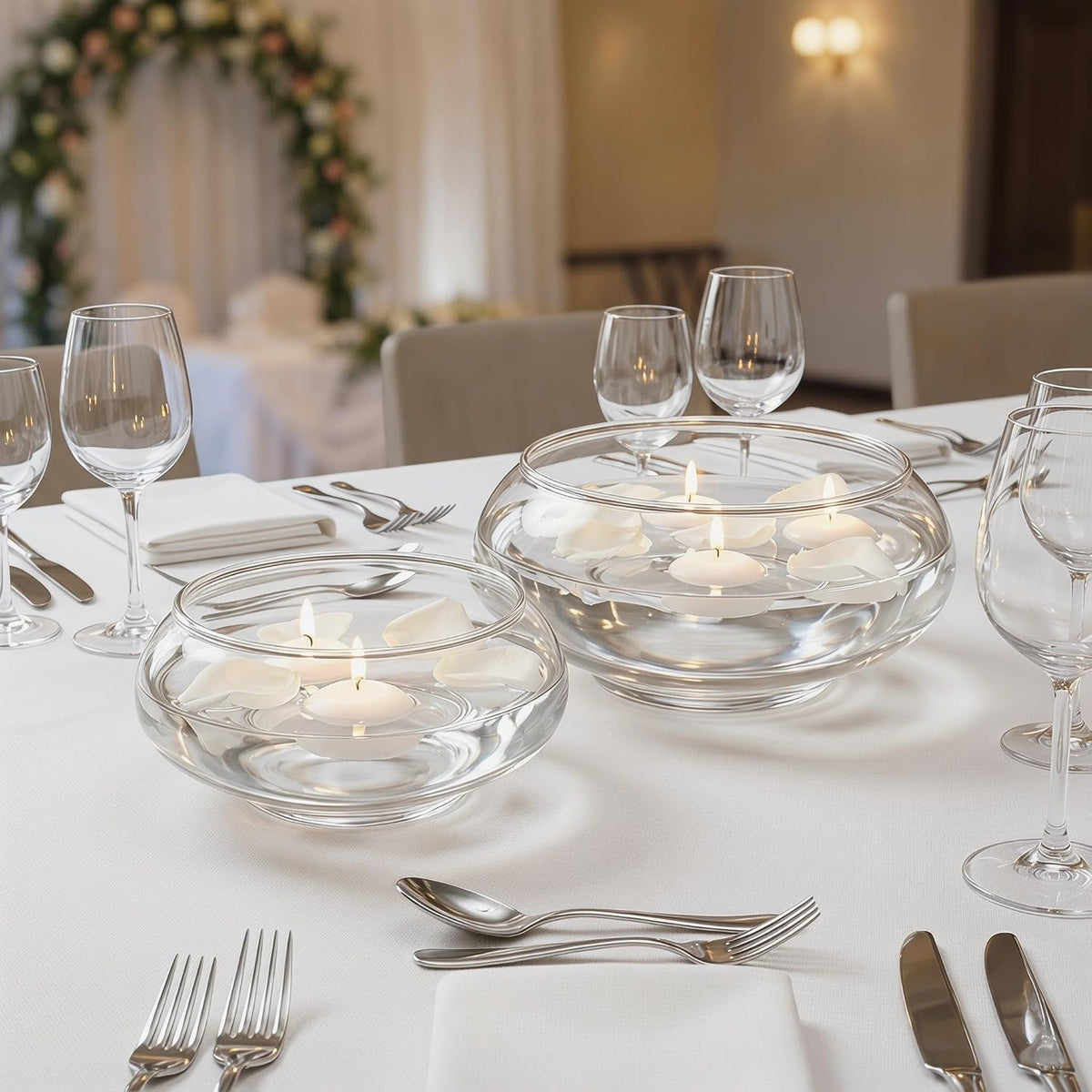 2pcs Glass Floating Candle Holders Bowl Set, Elegant Minimalist Glass Candle Holder Bowls with Stable Base for Wedding Table Centerpiece and Romantic Dinners
