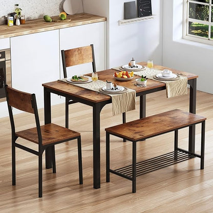 soges 4 Pieces Dining Table Set, 43.3 inch Kitchen Table Set for 4, Dining Set with 2 Chairs and Bench with Storage Rack, Nesting Furniture Set for Dining Room, Kitchen, Restaurant, Rustic Brown