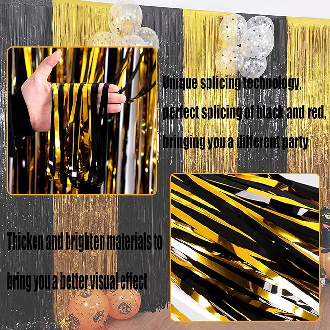 4 Pack Black Gold Foil Fringe Curtain Backdrop, 3.28Ft x 8.2Ft Metallic Tinsel Foil Fringe Streamers Curtains for Photo Booth, Wedding, Graduation, Birthday, Carnival Party Decoration