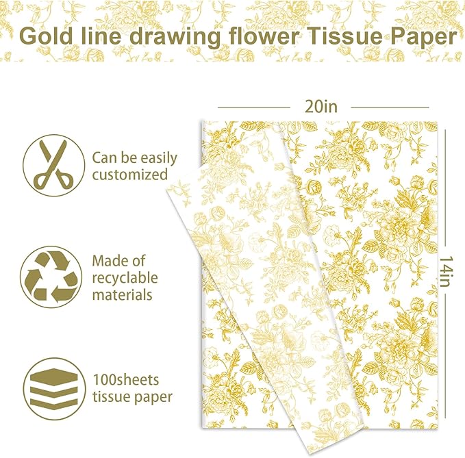 JarThenaAMCS 100 Sheets Floral Tissue Paper Gold Flower Gift Wrapping Paper Vintage Decorative Art Paper for Home Party DIY Crafts Supplies, 14 x 20 Inch