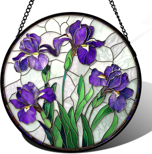 Stained Glass Window Hanging - Purple Iris Flower Sun Catcher for Door Terrace Garden Home Decor, Green Plants Suncatcher Birthday Gifts for Lovers Women Men Dad Mom Nana 11.8 in