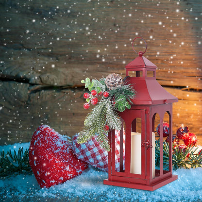 Christmas Decorations for Home, Decorative Christmas Lantern Indoor Outdoor Decor, Metal Hanging Candle Holder with Xmas Teardrop Wreath and LED Candle for Table Centerpieces, Patio (Red)