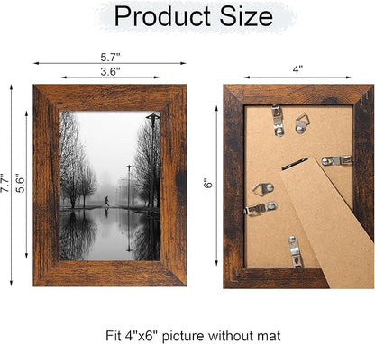 4x6 Picture Frame Set of 4, High Definition Glass 4 x 6 Frame, Wood Rustic Photo Frames for Horizontal or Vertical Display Tabletop and Wall Mounting
