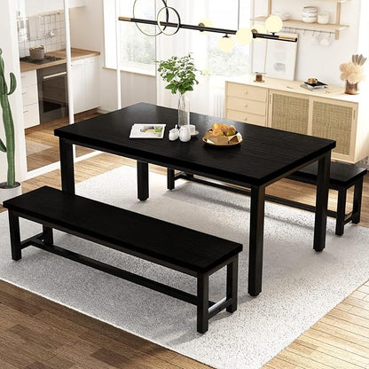 AWQM Dining Table Set for 4, Kitchen Dining Table with 2 Benches, Dining Room Table Set with Metal Frame & Thickened Board for Kitchen, Restaurant, Black, 43'' Breakfast Table Set (A006-11H2-L)