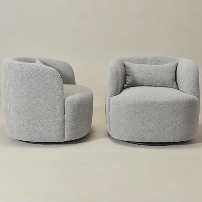 KINWELL 34" Wide Sherpa Swivel Barrel Chairs Set of 2, No Assembly Round Boucle Upholstered Accent Chairs Armchairs Single Sofa Chair with Toss Pillow for Living Room and Bedroom, Gray
