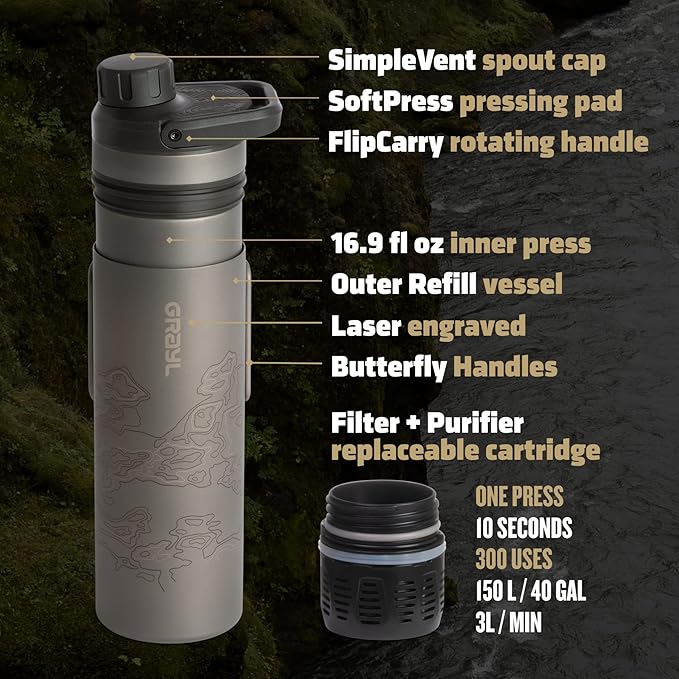 GRAYL UltraPress Titanium 16.9 oz Water Purifier & Filter Bottle for Hiking, Backpacking, Survival, Bushcraft, Travel (Covert Black)